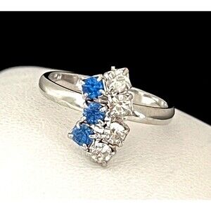 Vintage 1960s Cocktail Ring Mid Century Modern Blue Rhinestone Silver Tone - 4J